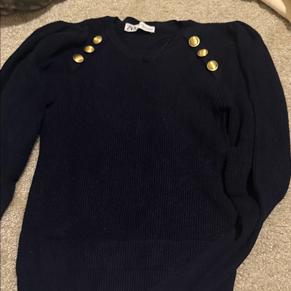 Zara Dark Blue V-Neck Sweater with Gold Accents